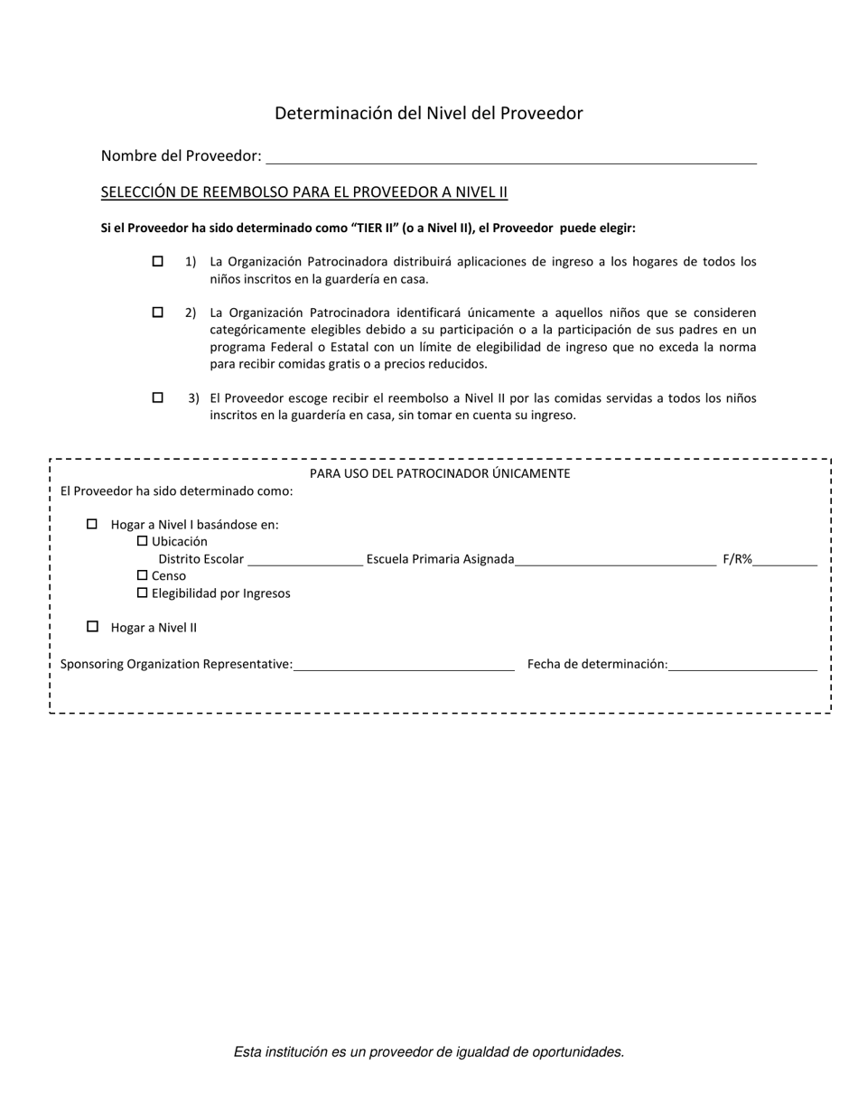 Determinacion Del Nivel Del Proveedor - Arizona (Spanish), Page 1