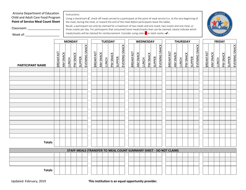 Point of Service Meal Count Sheet - All Meals and Snacks  Weekend Care - Arizona, Page 1