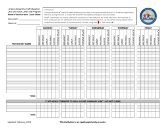 Document preview: Point of Service Meal Count Sheet - All Meals and Snacks & Weekend Care - Arizona