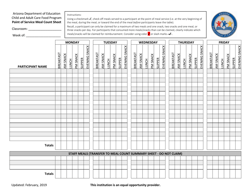 Point of Service Meal Count Sheet - All Meals and Snacks & Weekend Care - Arizona