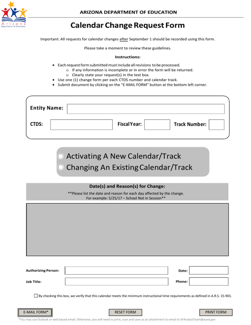 Calendar Change Request Form - Arizona Download Pdf