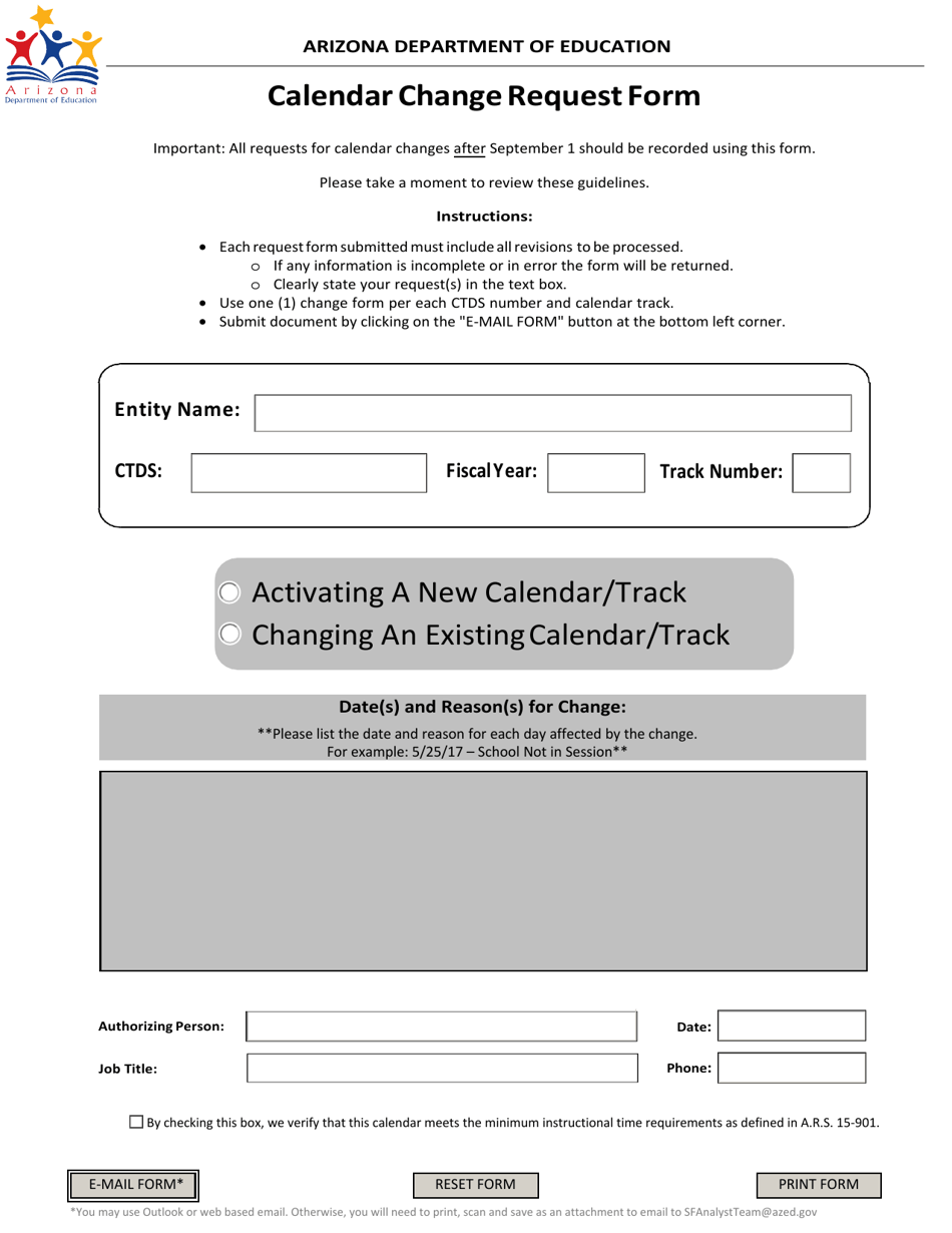 Calendar Change Request Form - Arizona, Page 1