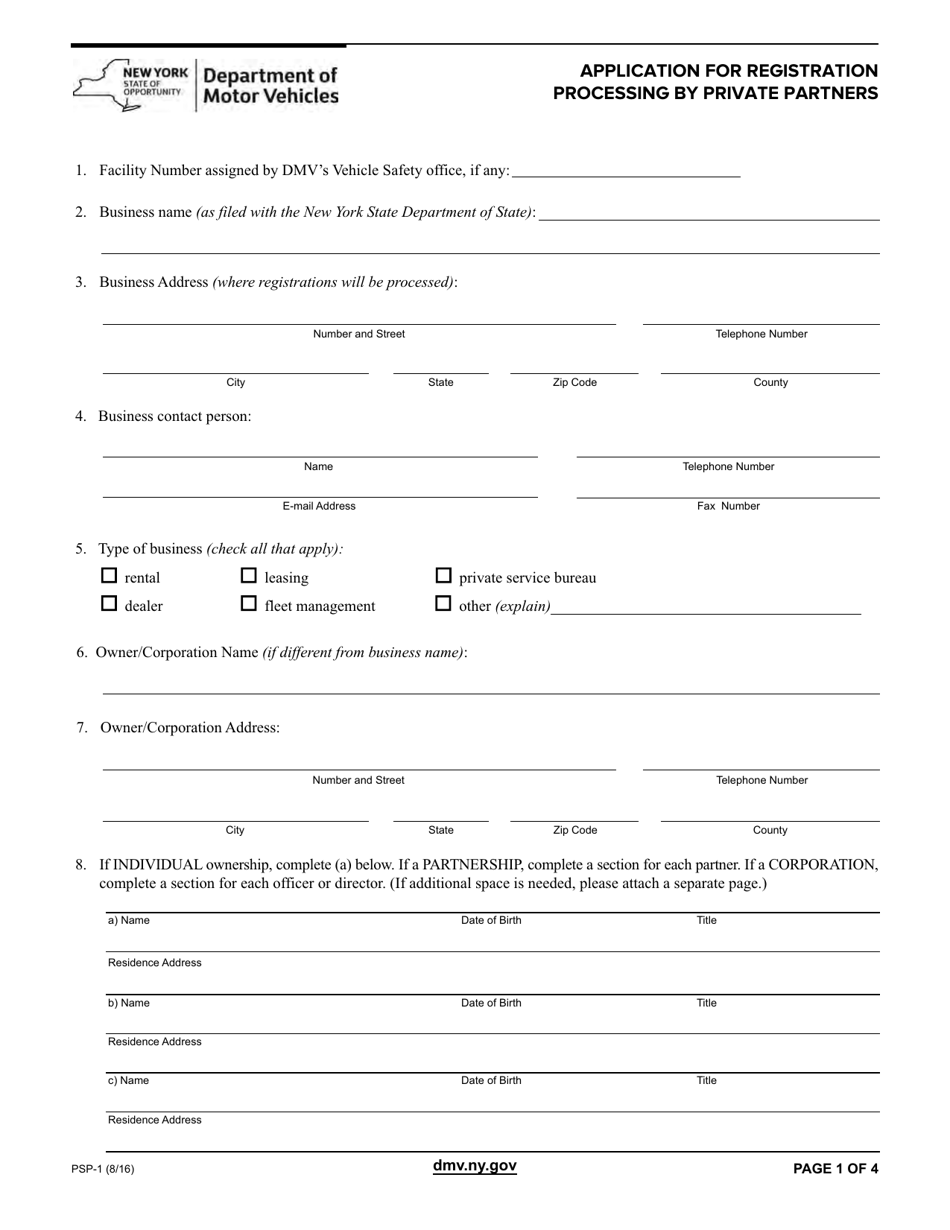 Form PSP-1 Application for Registration Processing by Private Partners - New York, Page 1