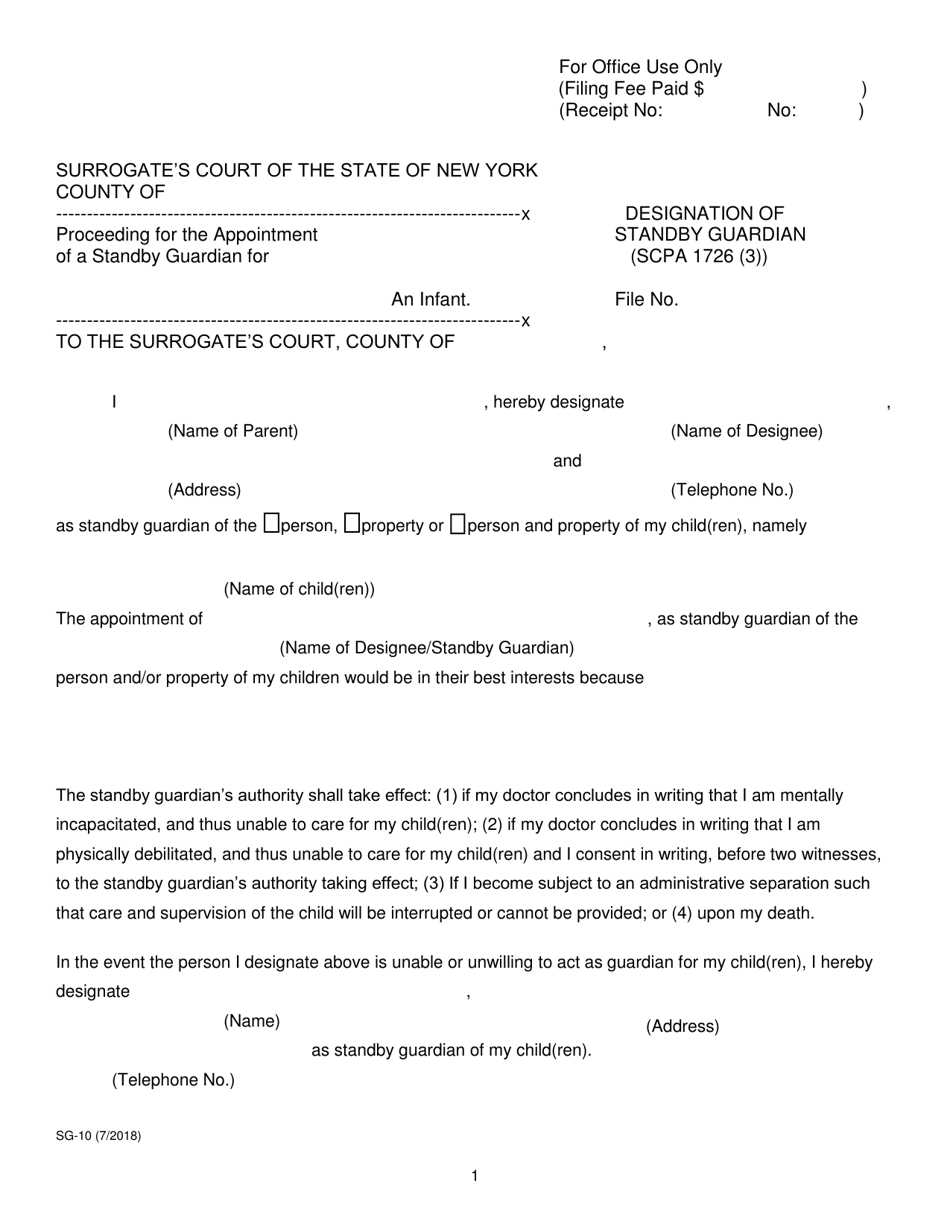 Form SG-10 Designation of Standby Guardian - New York, Page 1