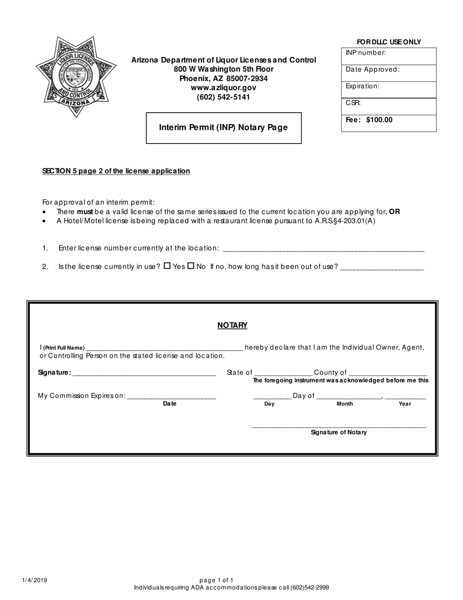 Interim Permit (Inp) Notary Page - Arizona, Page 1