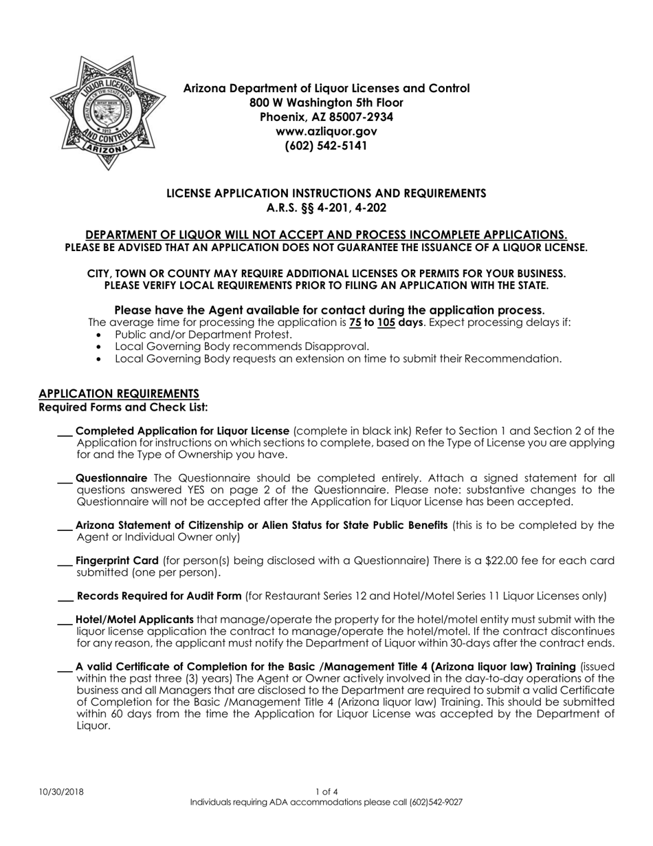Instructions for Application for Liquor License - Arizona, Page 1