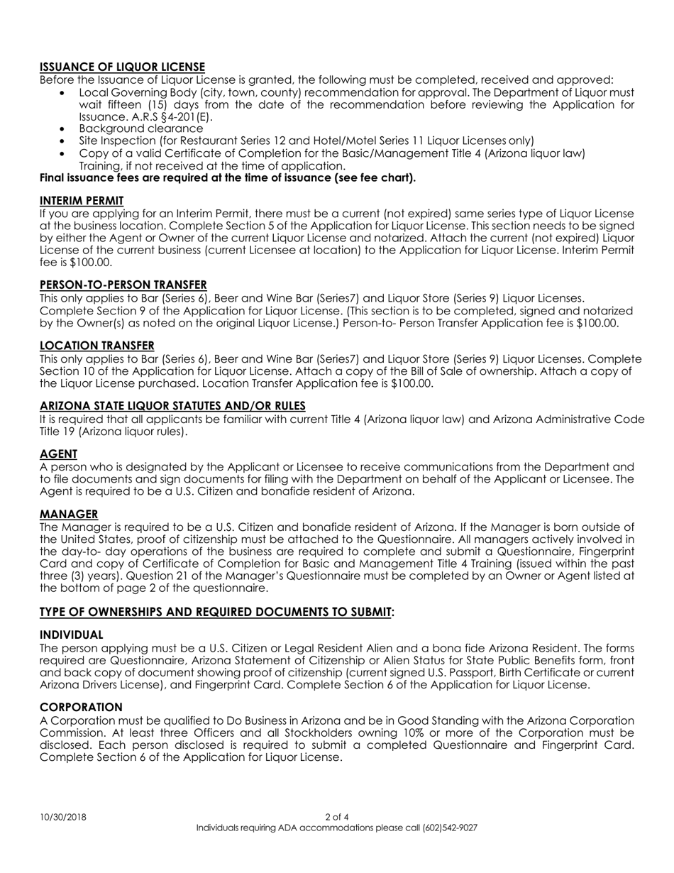 Instructions for Application for Liquor License - Arizona, Page 2