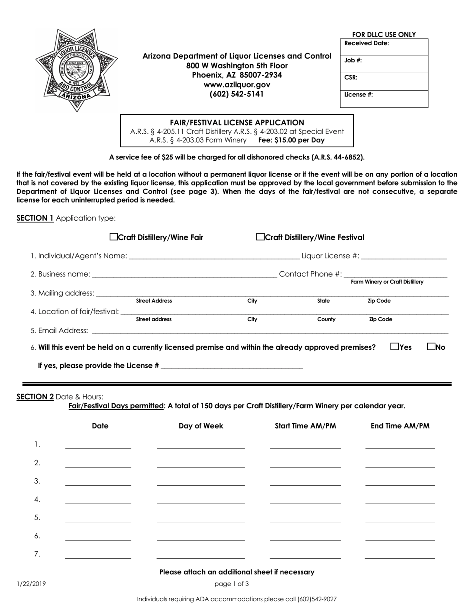 Fair / Festival License Application - Arizona, Page 1