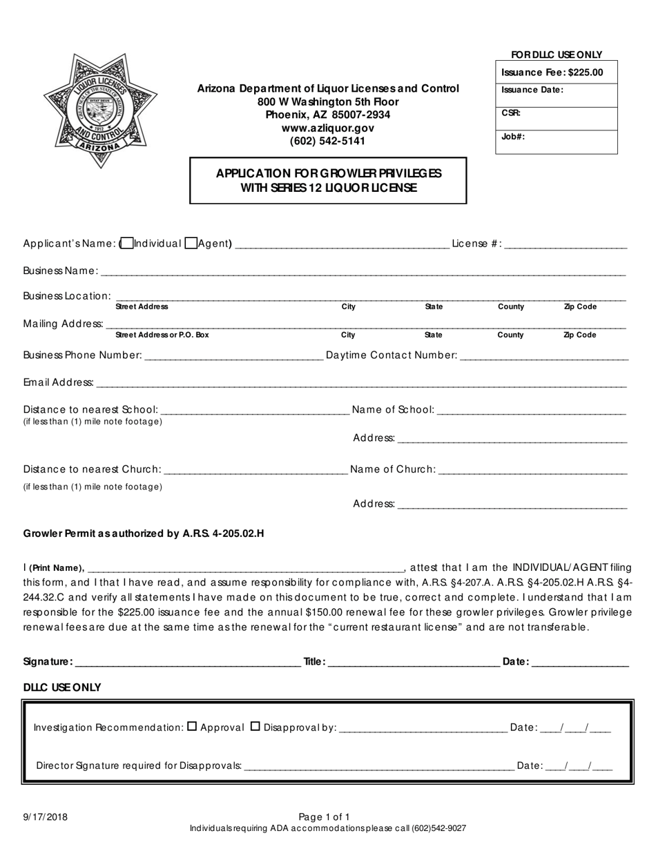 Application for Growler Privileges With Series 12 Liquor License - Arizona, Page 1