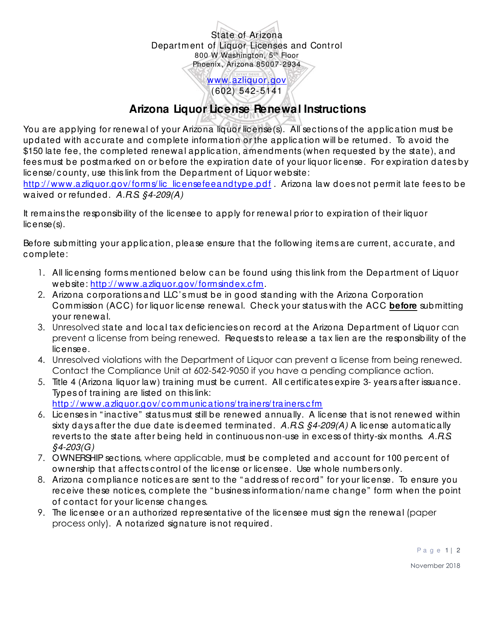 Arizona Liquor License Renewal Instructions - Arizona Download Pdf