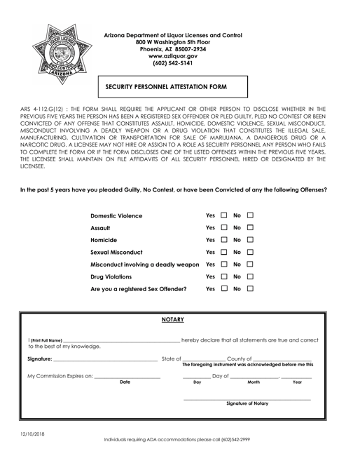 Security Personnel Attestation Form - Arizona Download Pdf