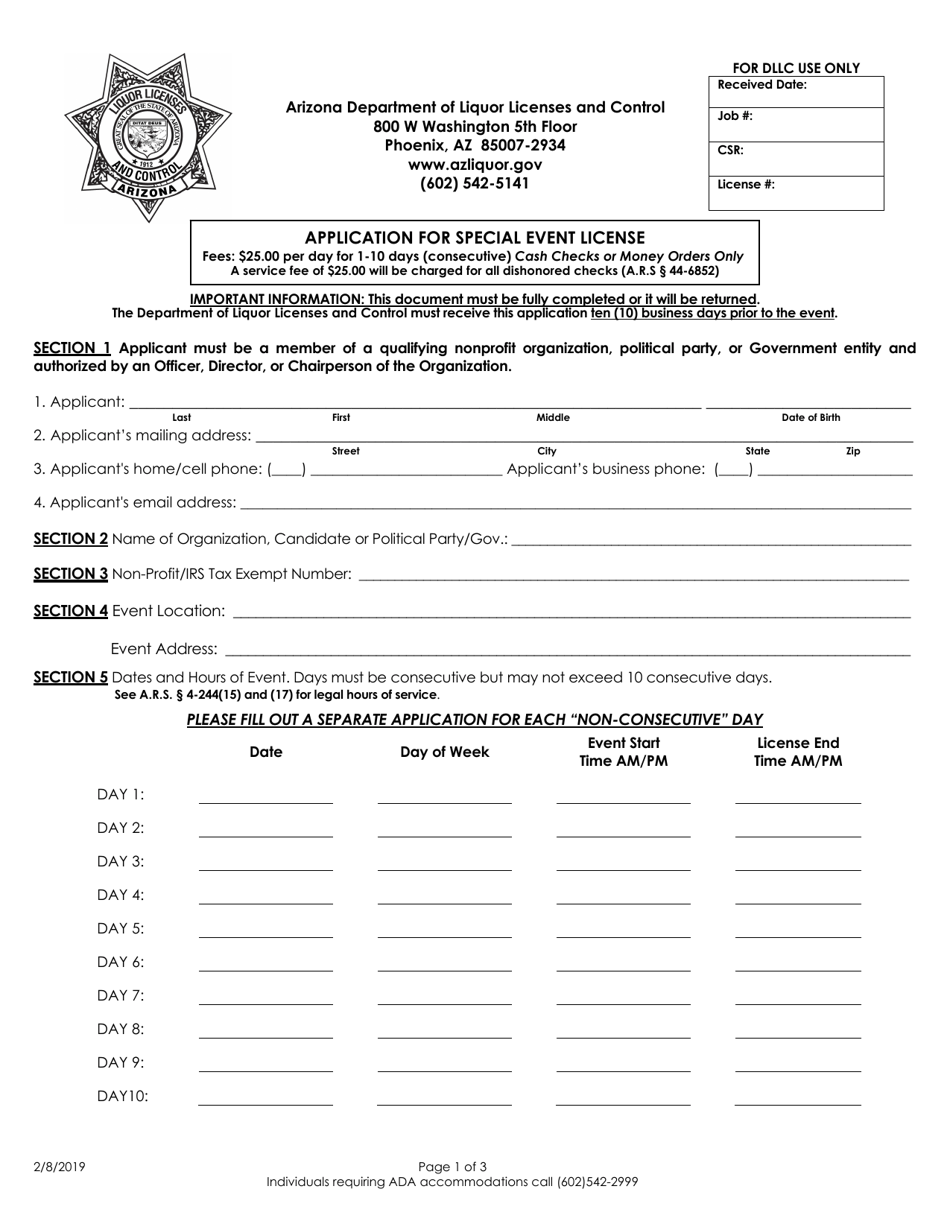 Application for Special Event License - Arizona, Page 1