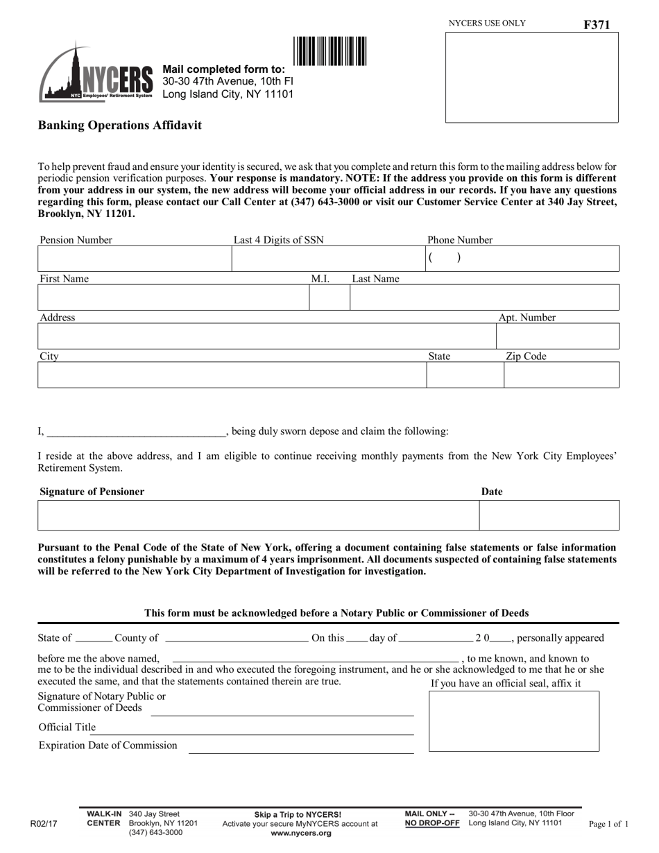 Form F371 Banking Operations Affidavit - New York City, Page 1