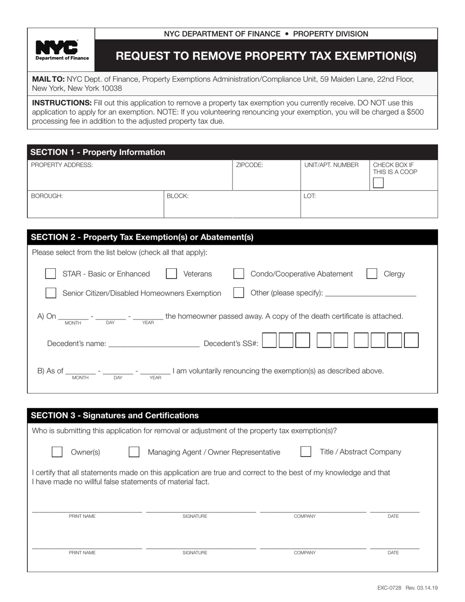Form EXC-0728 Request to Remove Property Tax Exemption(S) - New York City, Page 1
