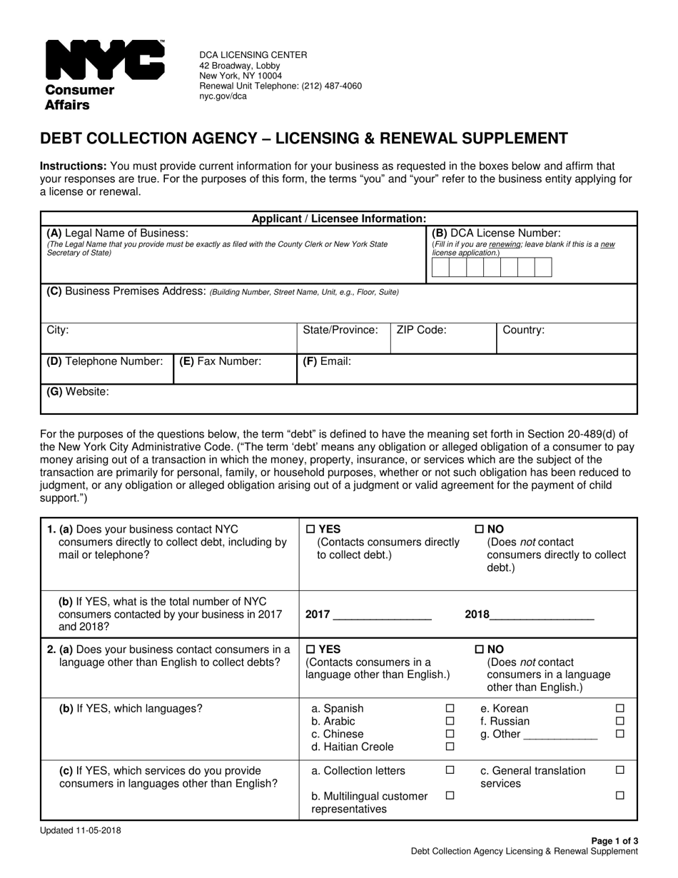 Debt Collection Agency - Licensing  Renewal Supplement - New York City, Page 1