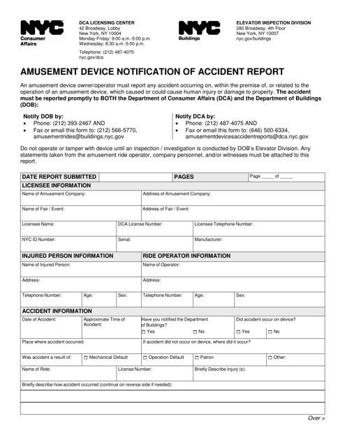 Amusement Device Notification of Accident Report - New York City Download Pdf