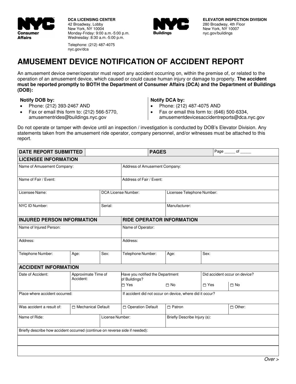 Amusement Device Notification of Accident Report - New York City, Page 1