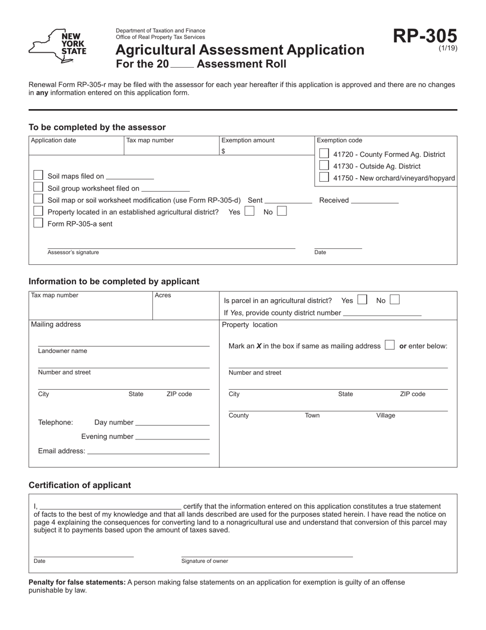 Form RP-305 Agricultural Assessment Application - New York, Page 1