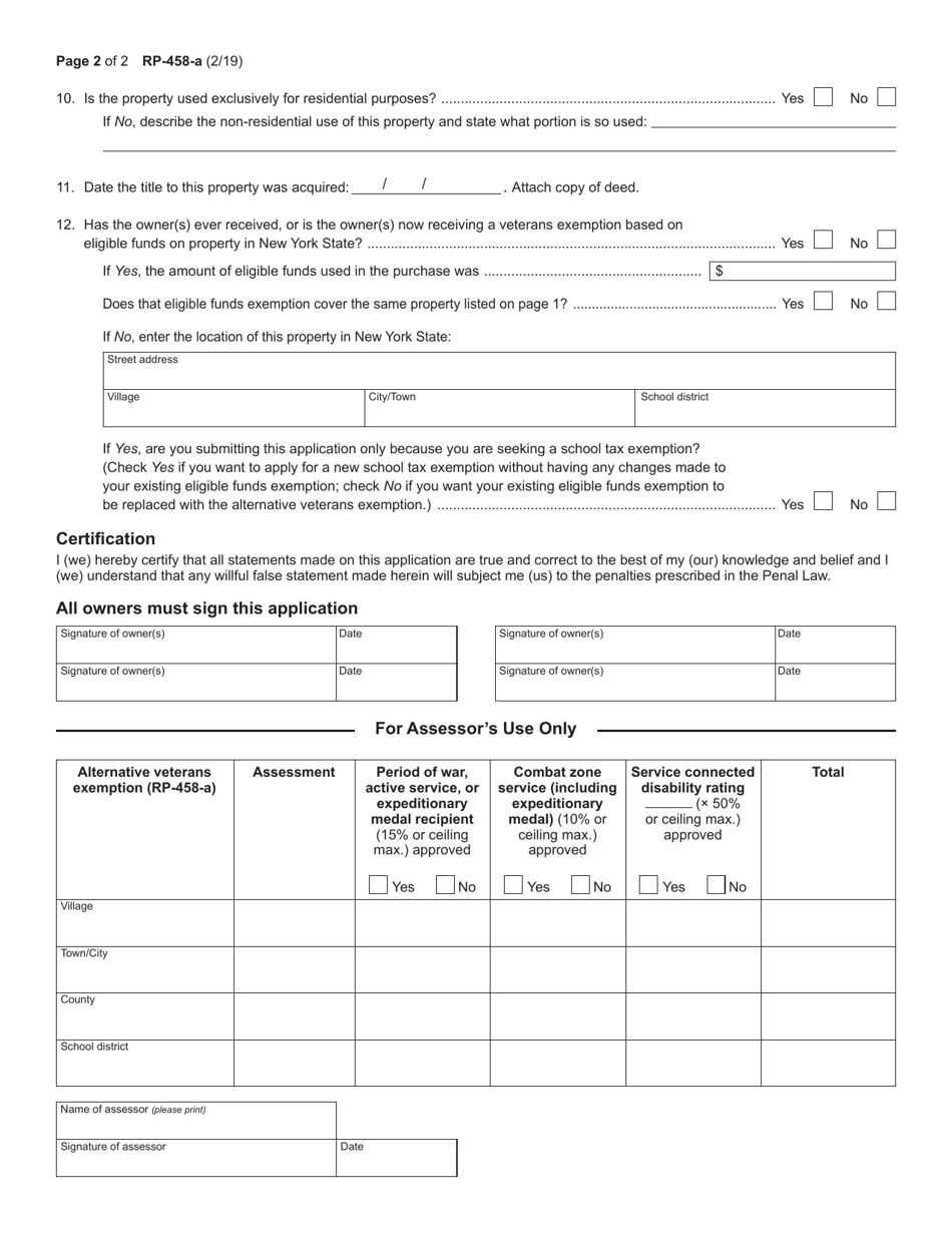 Form RP-458-A Application for Alternative Veterans Exemption From Real Property Taxation - New York, Page 2