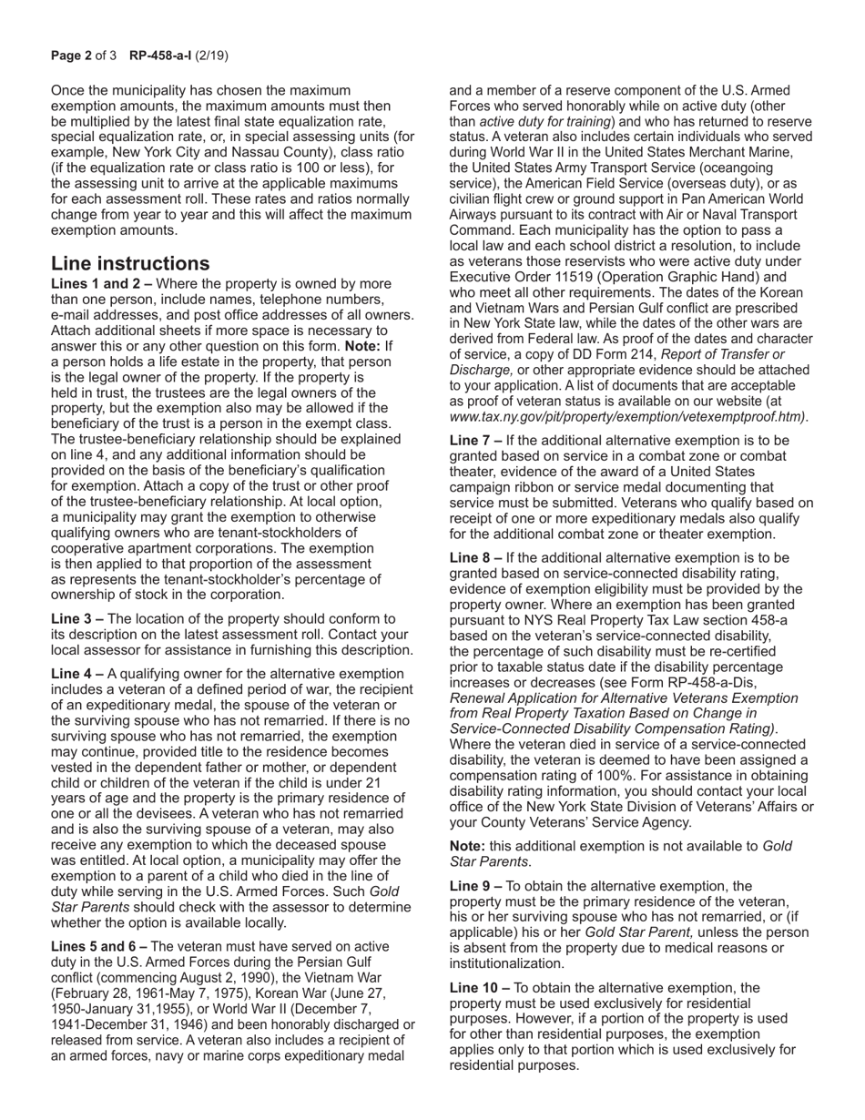 Instructions for Form RP-458-A Application for Alternative Veterans Exemption From Real Property Taxation - New York, Page 2