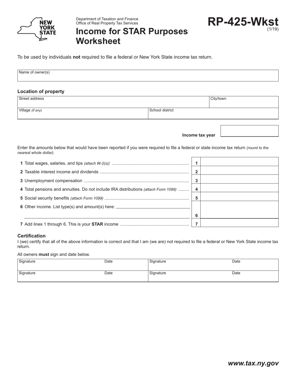 Form RP-425-WKST Income for Star Purposes Worksheet - New York, Page 1