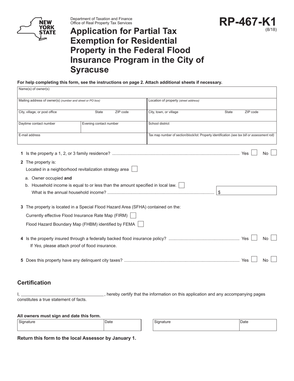 Form RP-467-K1 Application for Partial Tax Exemption for Residential Property in the Federal Flood Insurance Program in the City of Syracuse - New York, Page 1