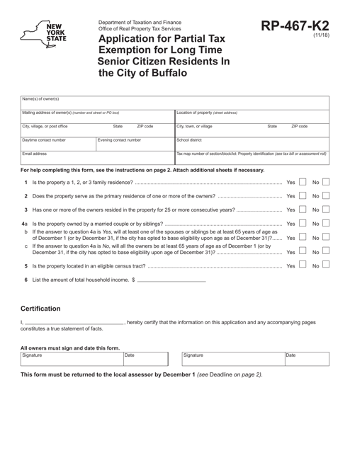 Form RP-467-K2 Application for Partial Tax Exemption for Long Time Senior Citizen Residents in the City of Buffalo - New York