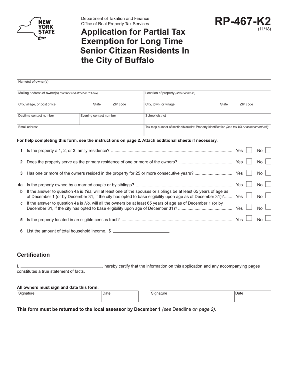 Form RP-467-K2 Application for Partial Tax Exemption for Long Time Senior Citizen Residents in the City of Buffalo - New York, Page 1