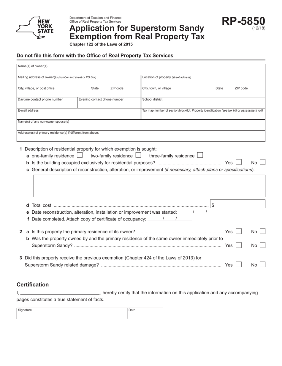 Form RP-5850 Application for Superstorm Sandy Exemption From Real Property Tax - New York, Page 1