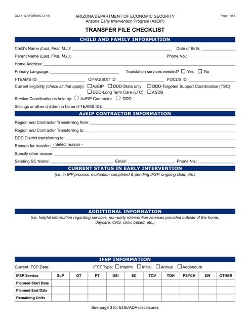 Form GCI-1112A Transfer File Checklist - Arizona