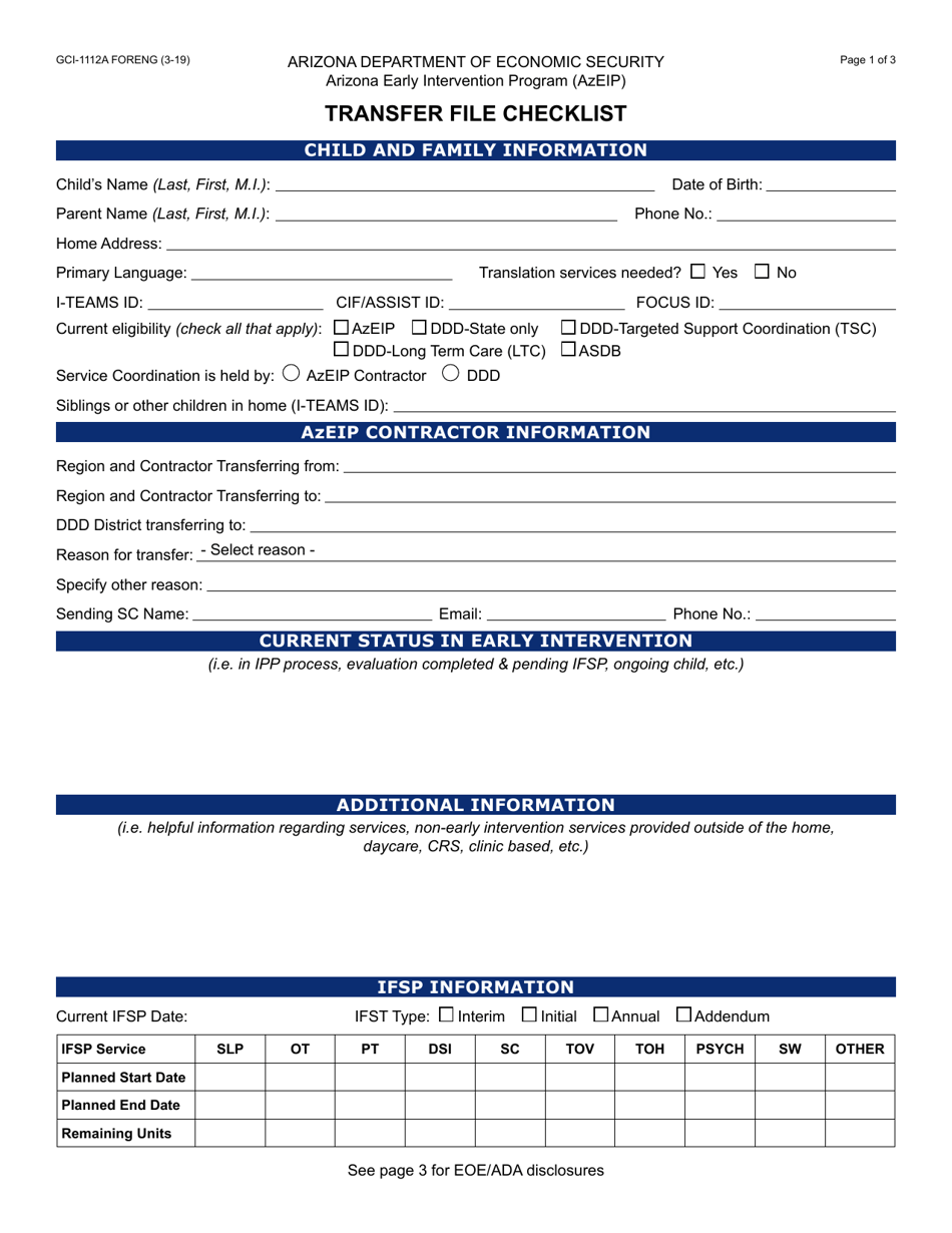 Form GCI-1112A Transfer File Checklist - Arizona, Page 1
