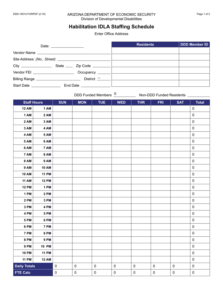 Form DDD-1951A Habilitation Idla Staffing Schedule - Arizona, Page 1