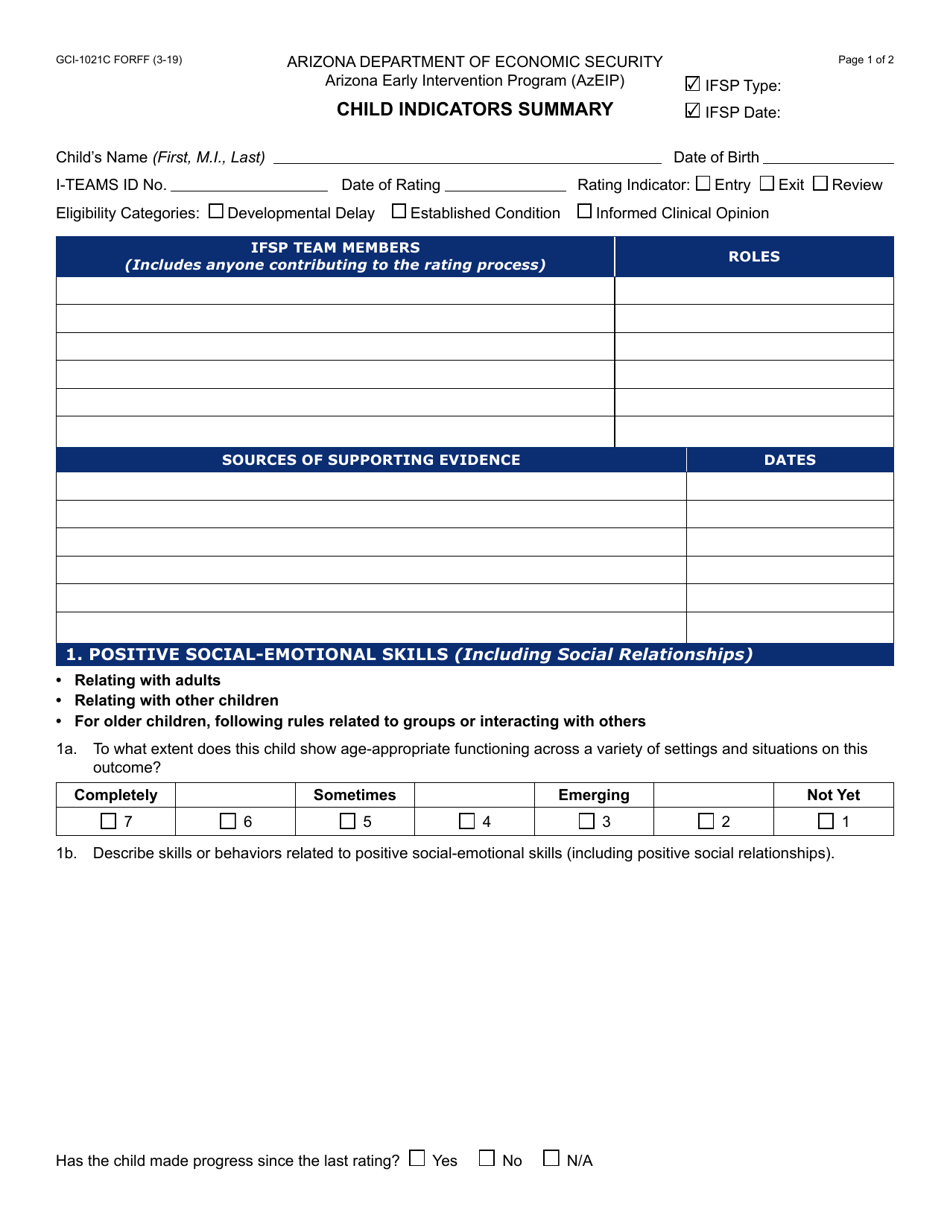 Form GCI-1021C Child Indicators Summary - Arizona, Page 1