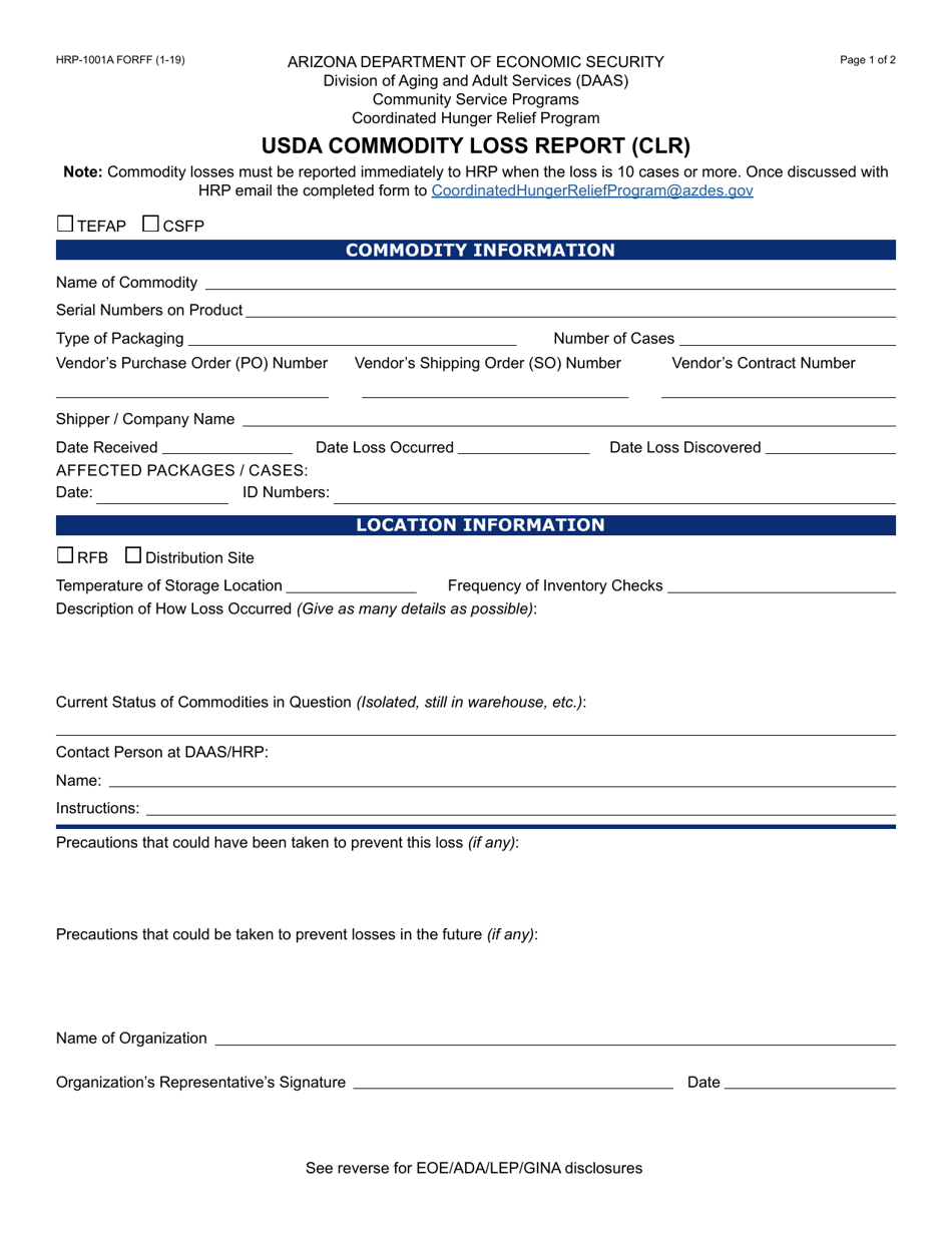 Form HRP-1001A Usda Commodity Loss Report (Clr) - Arizona, Page 1