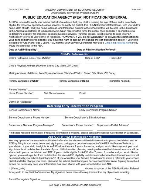 Form GCI-1037A Public Education Agency (Pea) Notification/Referral - Arizona