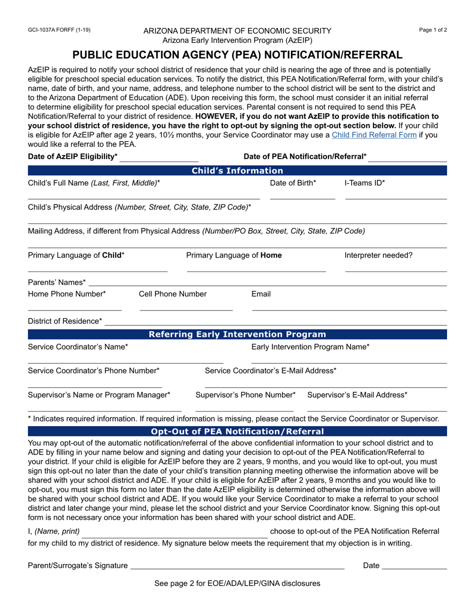 Form GCI-1037A Public Education Agency (Pea) Notification / Referral - Arizona, Page 1
