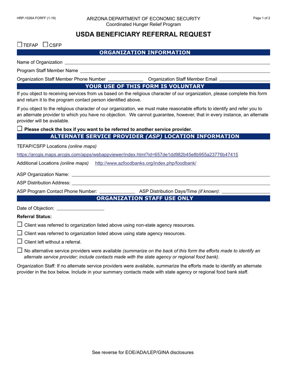 Form HRP-1026A Usda Beneficiary Referral Request - Arizona, Page 1