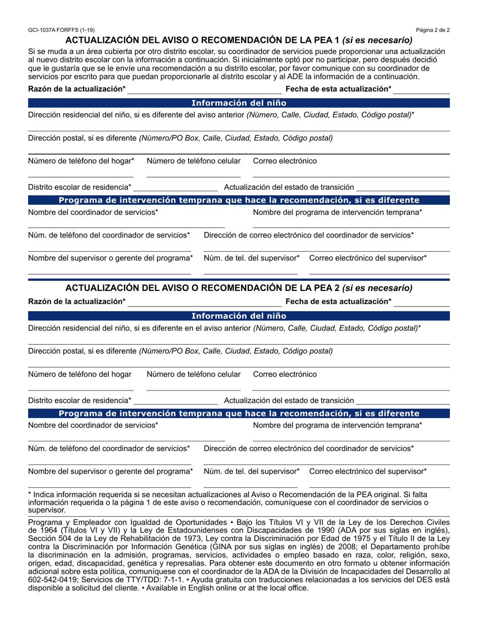 Formulario GCI-1037A-S Aviso O Recomendacion De La Agencia De Educacion Publica (Pea) - Arizona (Spanish), Page 2