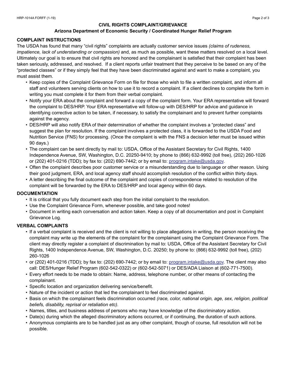 Form HRP-1014A Usda Civil Rights Complaint / Grievance - Arizona, Page 2