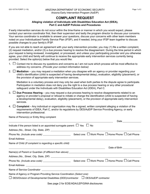 Form GCI-1077A Complaint Request - Arizona