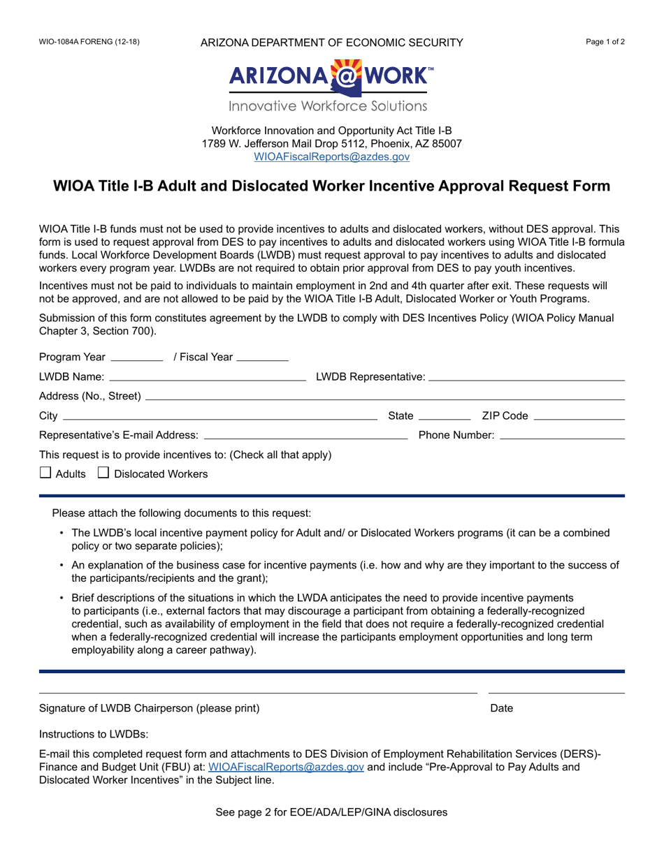 Form WIO-1084A Wioa Title I-B Adult and Dislocated Worker Incentive Approval Request Form - Arizona, Page 1