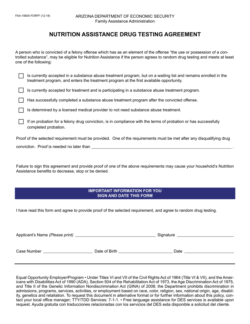 Form FAA-1565A Nutrition Assistance Drug Testing Agreement - Arizona, Page 1