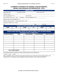 Form ES-935 &quot;Claimant's Affidavit of Federal Civilian Service, Wages, and Reason for Separation - Ucfe&quot; - Arizona