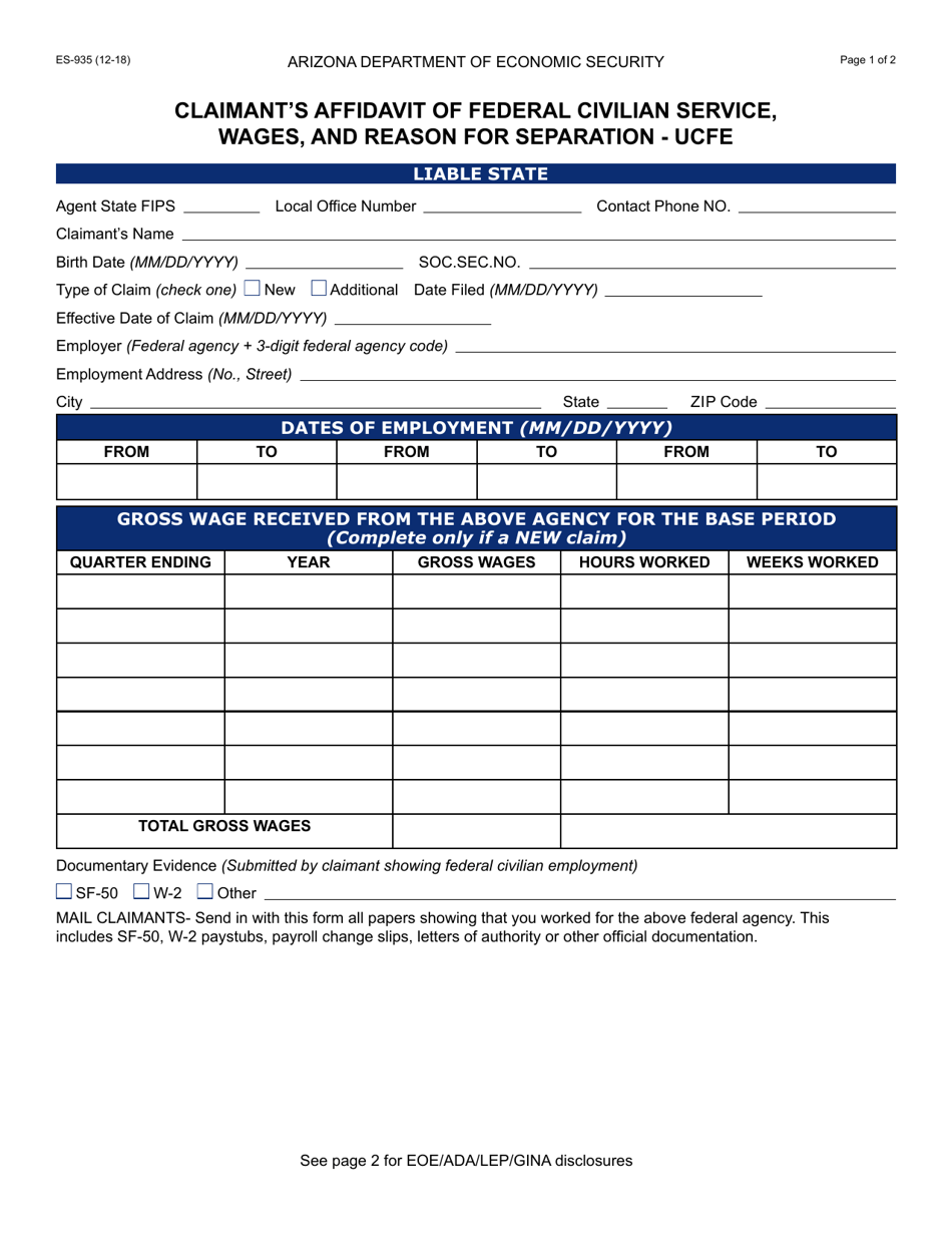 Form Es 935 Download Fillable Pdf Or Fill Online Claimant S Affidavit Of Federal Civilian Service Wages And Reason For Separation Ucfe Arizona Templateroller