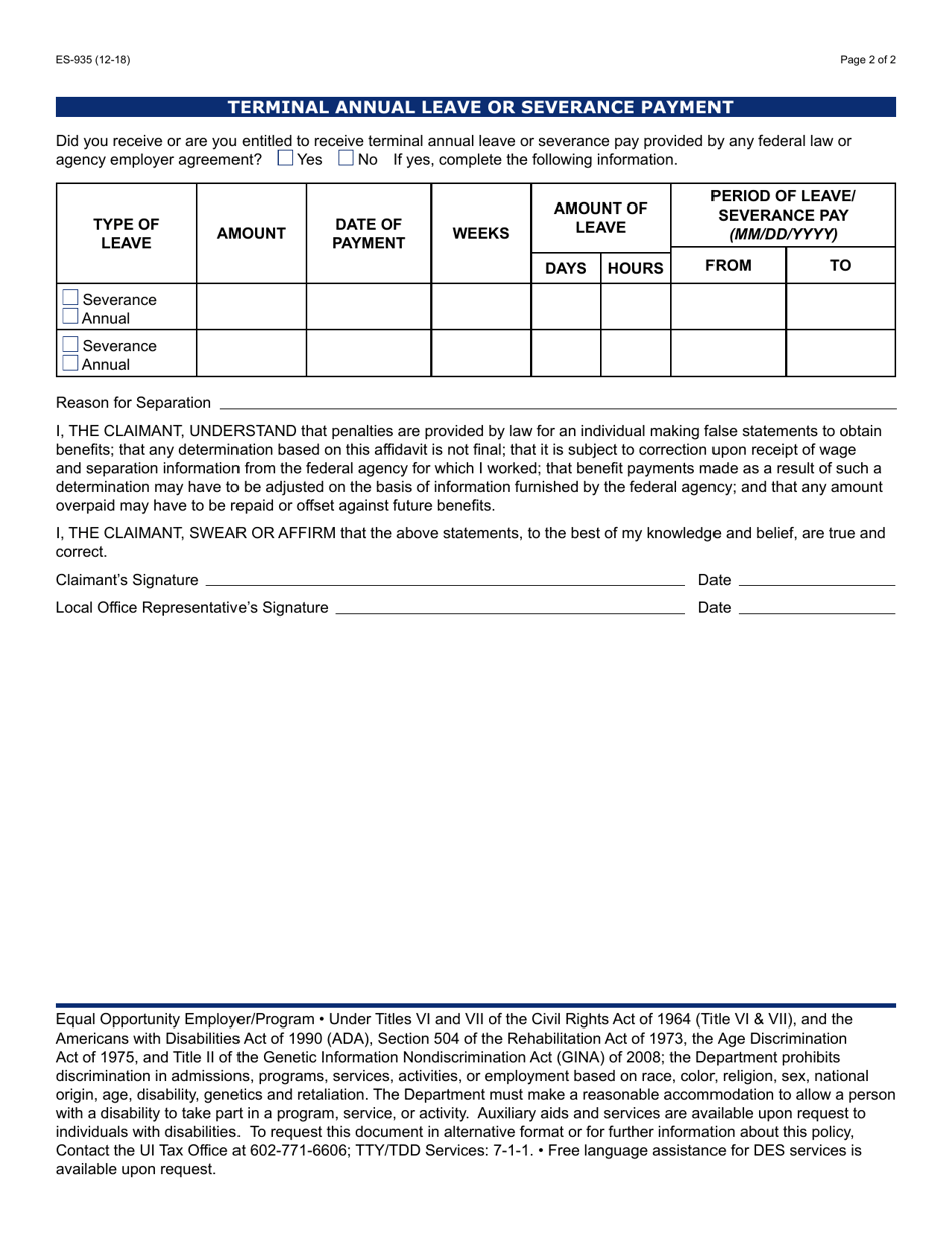Form ES-935 Claimants Affidavit of Federal Civilian Service, Wages, and Reason for Separation - Ucfe - Arizona, Page 2