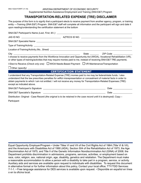 Form SNA-1022A Transportation-Related Expense (Tre) Disclaimer - Arizona