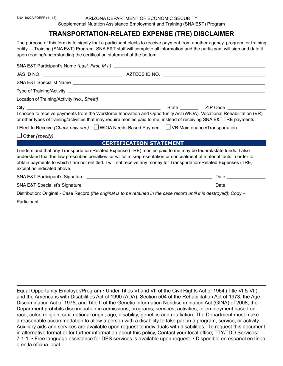 Form SNA-1022A Transportation-Related Expense (Tre) Disclaimer - Arizona, Page 1