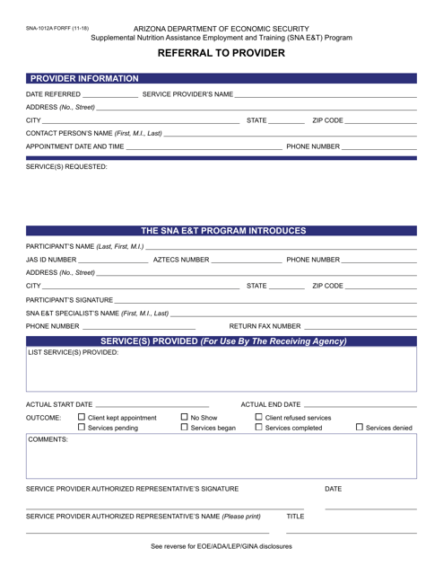 Form SNA-1012A Referral to Provider - Arizona