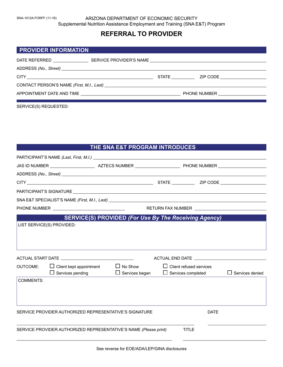 Form SNA-1012A Referral to Provider - Arizona, Page 1