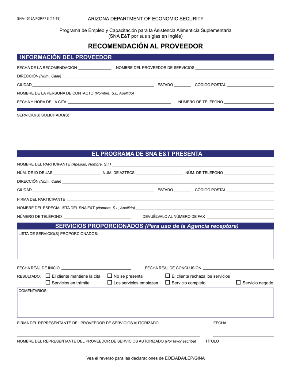 Formulario SNA-1012A-S Recomendacion Al Proveedor - Arizona (Spanish), Page 1